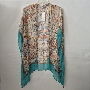 Soft Surroundings Women L XL Sheer Flowy Open Boho Floral Bird Kimono Coverup